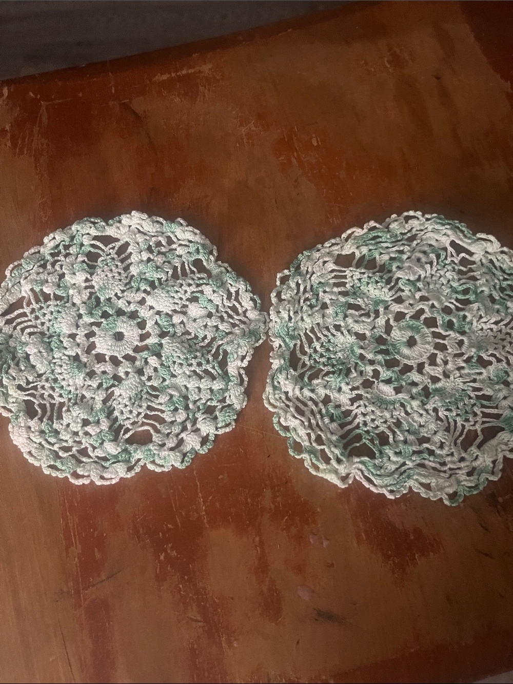 Crocheted Lace Coaster Pair in White and Mint Green